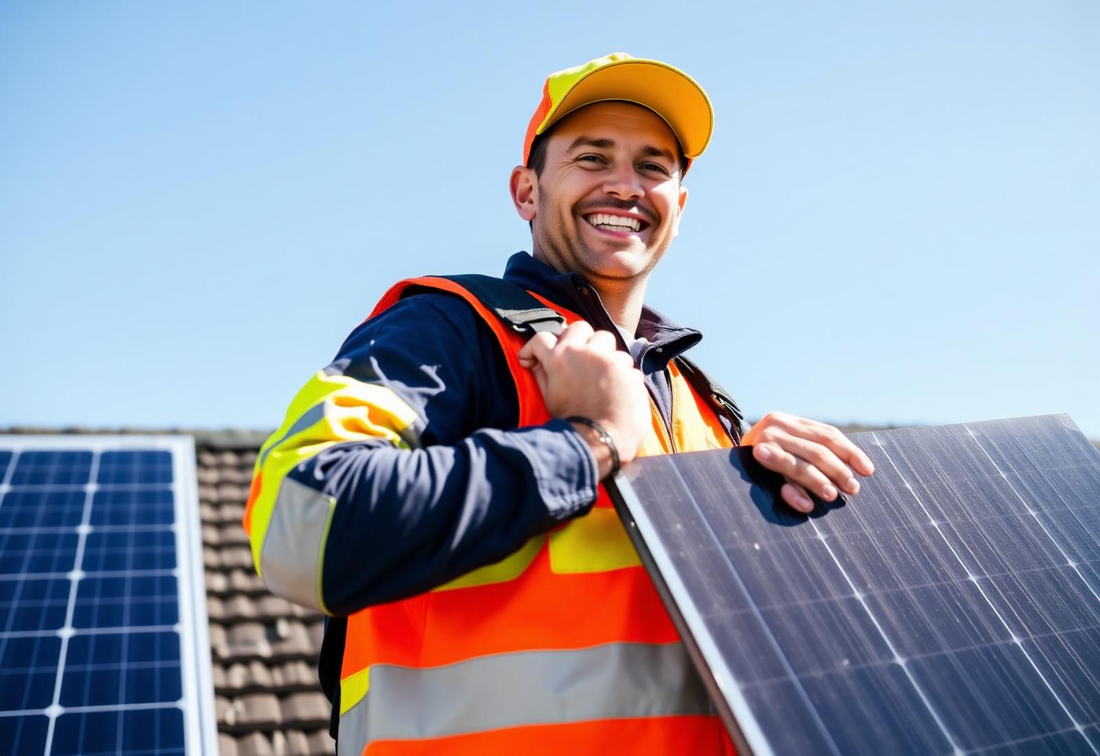 Think Renewable installer carrying a solar panel on a rooftop